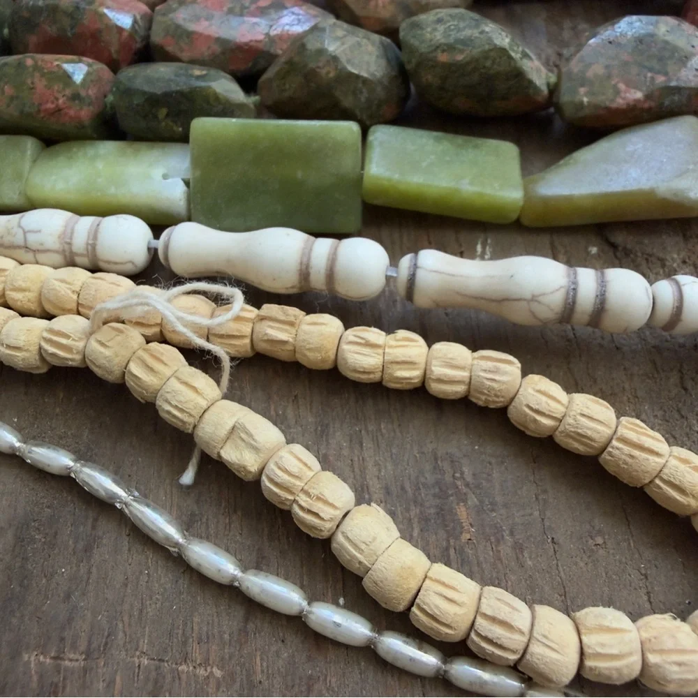 Mixed natural and faux stone strung strand beads large and small 1lb 7oz